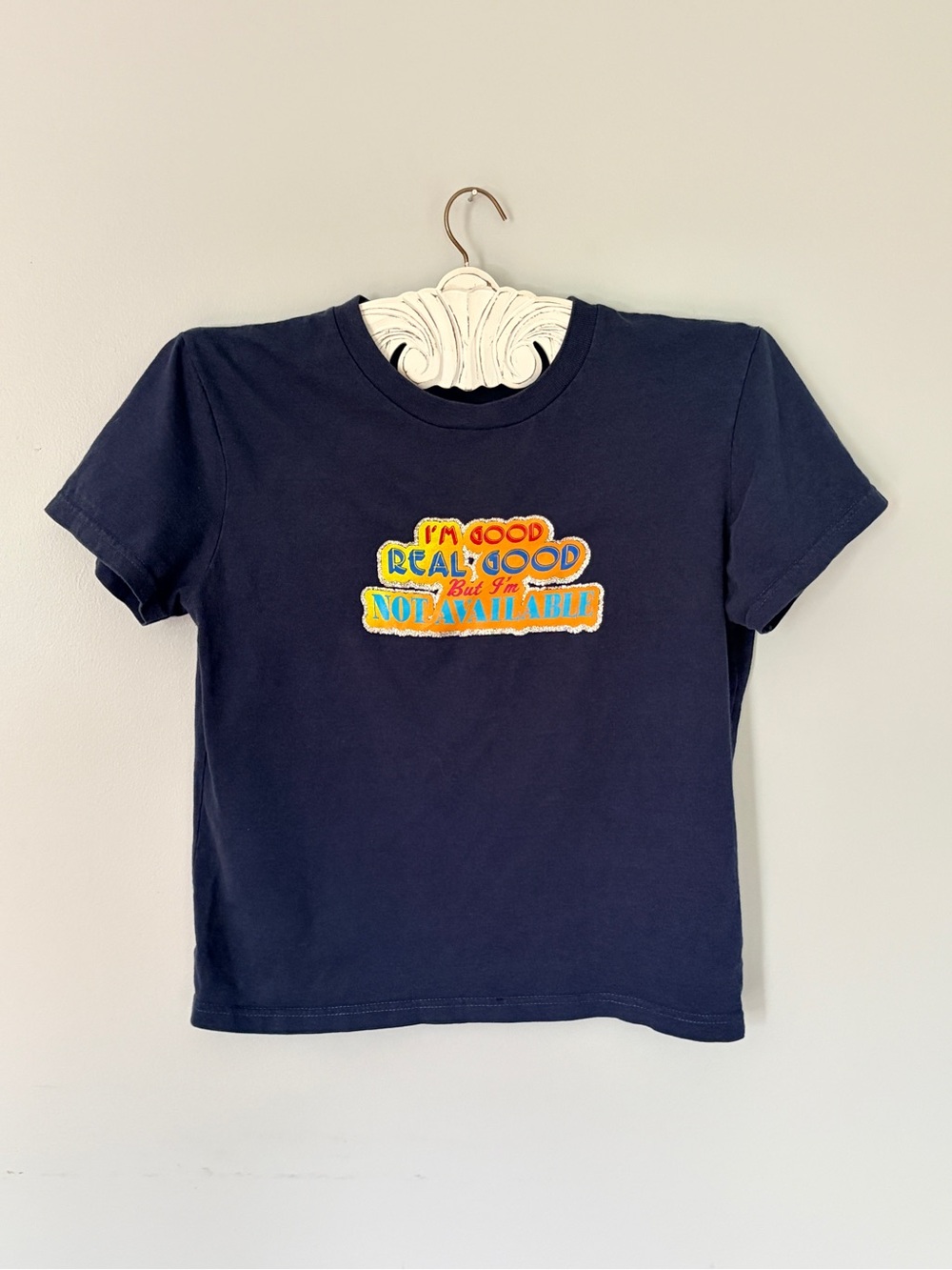 Y2K Sassy Glitter Baby Tee Im Good, Real Good, But I’m Not Available 100% Cotton
